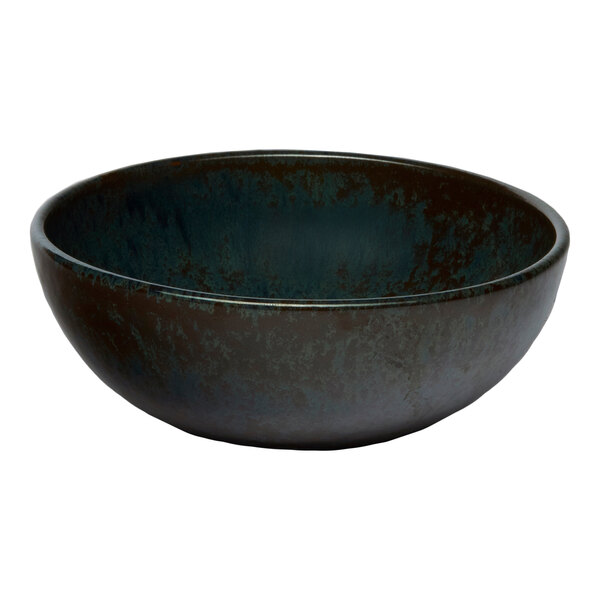 A black round embossed porcelain coupe bowl.