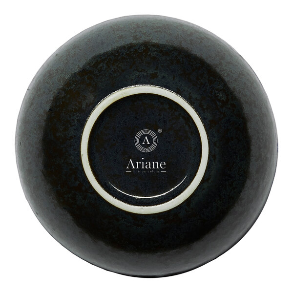 A black round embossed porcelain coupe bowl shown upside down with the Ariane brand logo on the bottom.