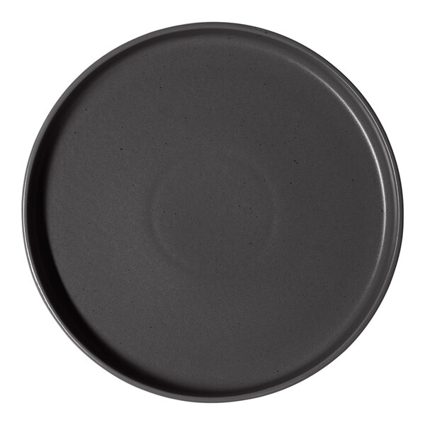 A round gray porcelain plate with a raised rim.