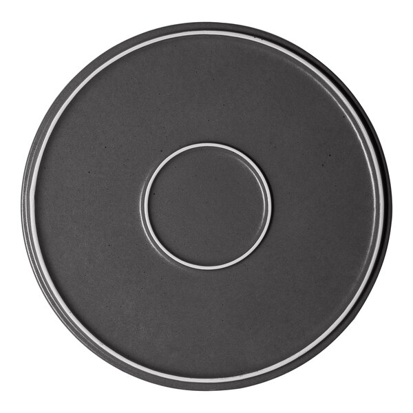 A round gray porcelain plate with a raised rim and a circular indentation in the center.