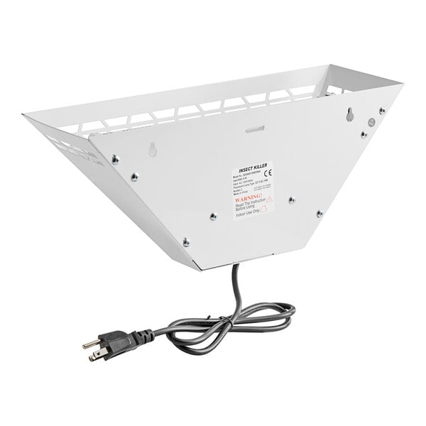 A white metal trapezoidal wall sconce LED insect light trap with a power cord, designed for indoor use.