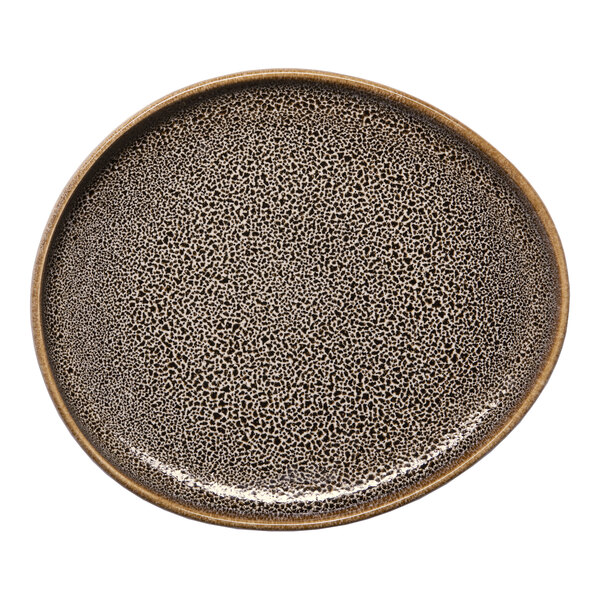 An oval brown porcelain platter with an irregular raised rim and a speckled pattern.