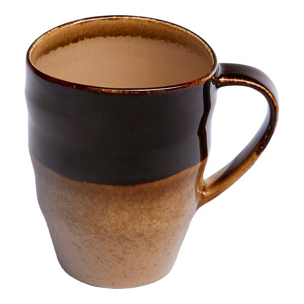 A brown porcelain mug with an irregular, two-tone design and a handle.