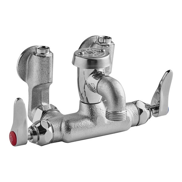 A silver T&S Wall Mount Service Sink Faucet with two knobs.