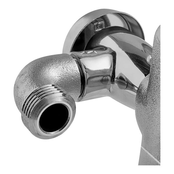 A T&amp;S rough chrome wall mount mop sink faucet with a metal pipe.
