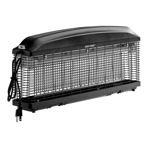 A black outdoor LED insect trap and bug zapper with a protective grid and power cord.