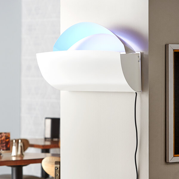 A white metal wall sconce LED insect light trap with a curved design, suitable for indoor use.