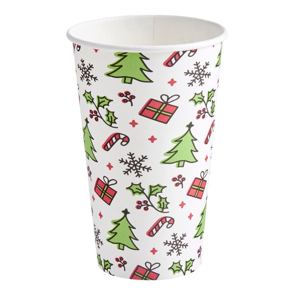 A 16 oz. paper hot cup with a Christmas-themed print featuring trees, presents, holly, candy canes, and snowflakes.