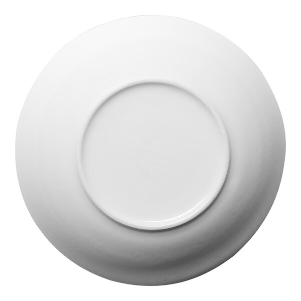 A round, white porcelain deep coupe plate shown from above.