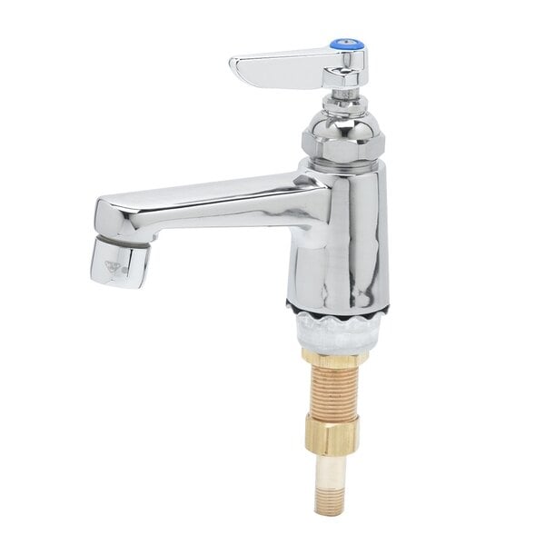 A chrome T&S deck mount faucet with a blue lever handle.