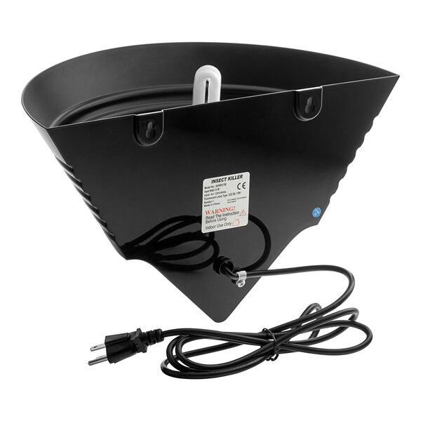 A black polystyrene wall sconce LED insect light trap with a power cord and glue boards for indoor use.