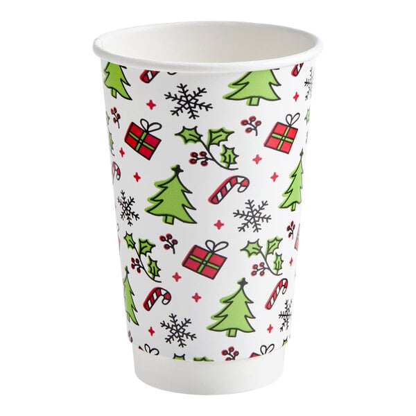 A 16 oz. double wall paper hot cup with a Christmas-themed print featuring trees, presents, holly, candy canes, and snowflakes.