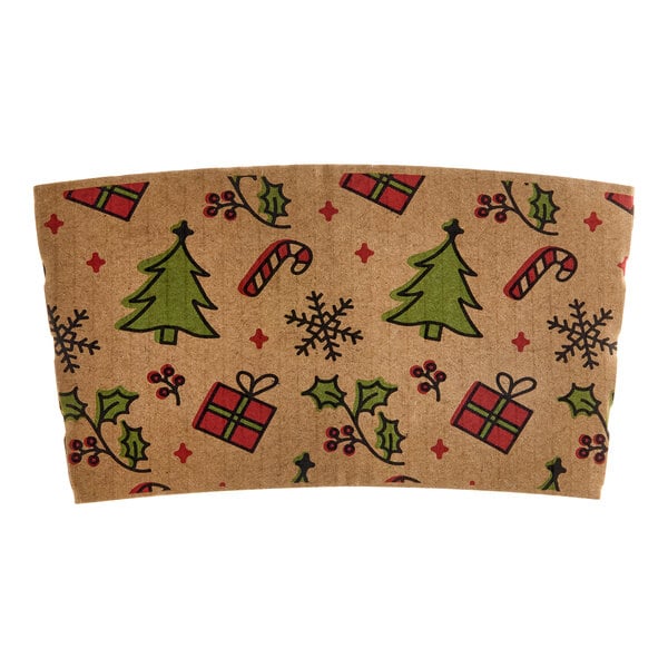 A brown coffee cup sleeve with a cartoon Christmas print featuring trees, presents, candy canes, holly, and snowflakes.