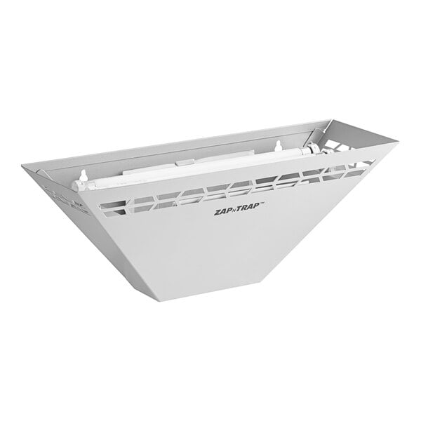 A silver metal trapezoidal wall sconce LED insect light trap with glue boards for pest control.