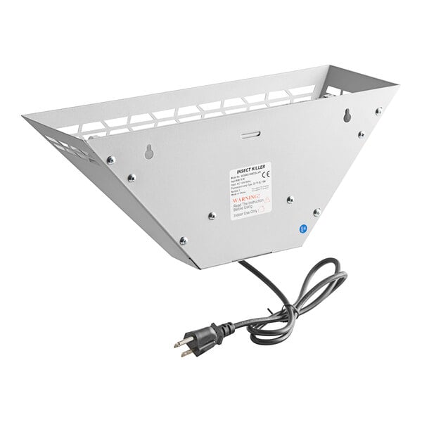 A silver metal trapezoidal wall sconce LED insect light trap with a power cord.
