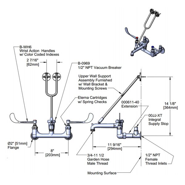 A diagram of a T&S wall mount service sink faucet with its parts, including wrist action handles and integral supply stop.