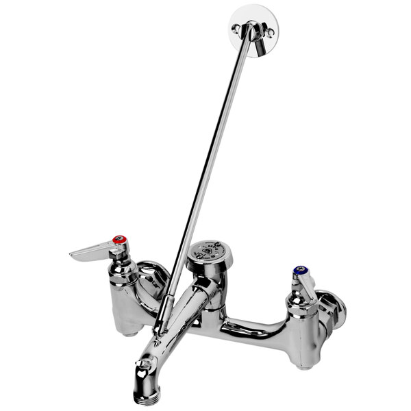 A T&S polished chrome wall mount mop sink faucet with two wrist action handles.