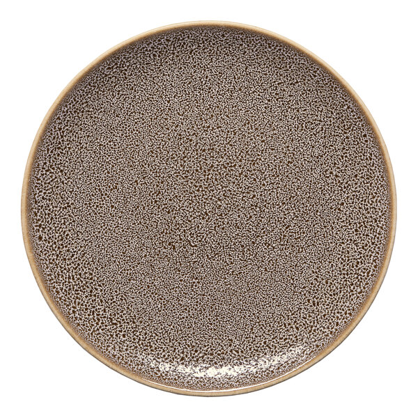 A round, brown, rimless porcelain coupe plate with a speckled pattern.