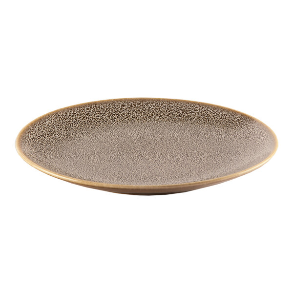 A brown round rimless porcelain coupe plate with a speckled pattern.