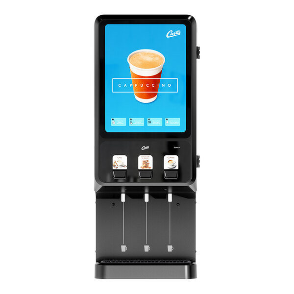 A commercial cappuccino dispenser with three hoppers and a digital display.