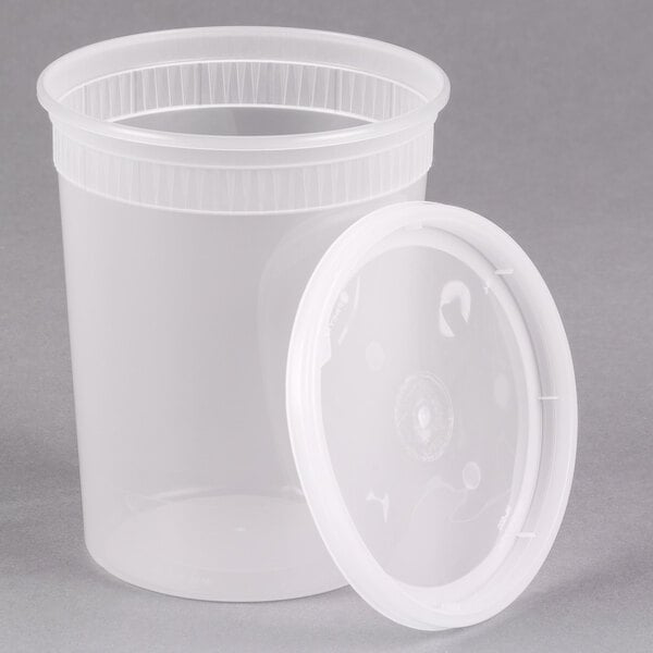 A Pactiv translucent plastic deli container with a white lid.