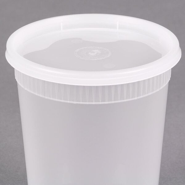 A Pactiv translucent plastic deli container with a lid.