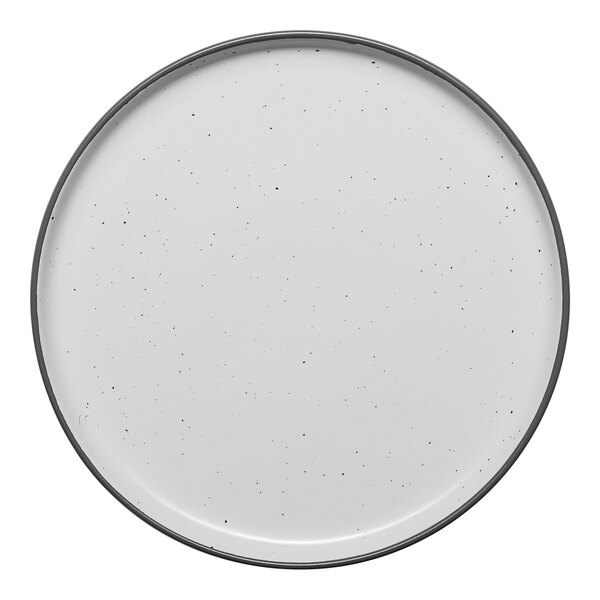 A white round porcelain plate with a raised rim and subtle speckled pattern.