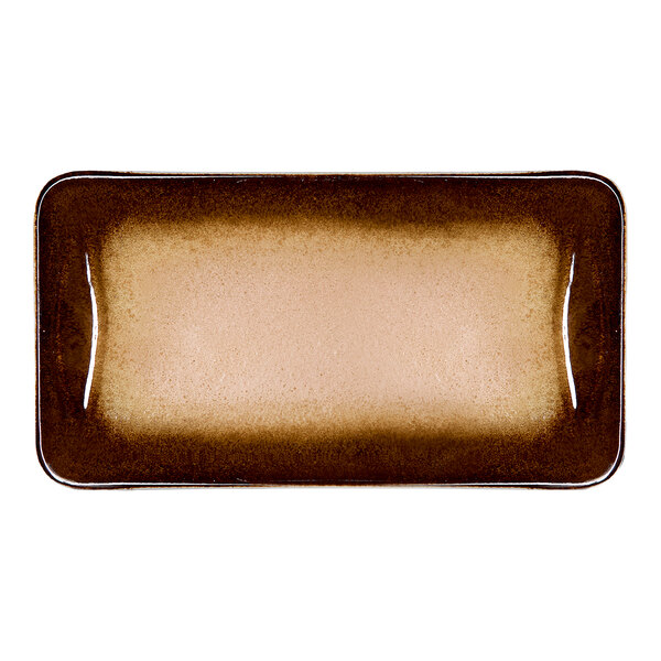 A rectangular brown porcelain platter with a wide rim.