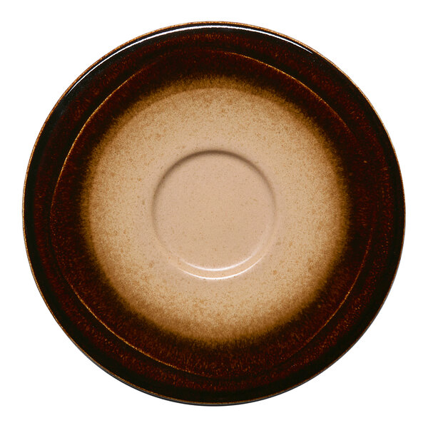 A round brown porcelain coupe saucer with a gradient design and a central indentation.