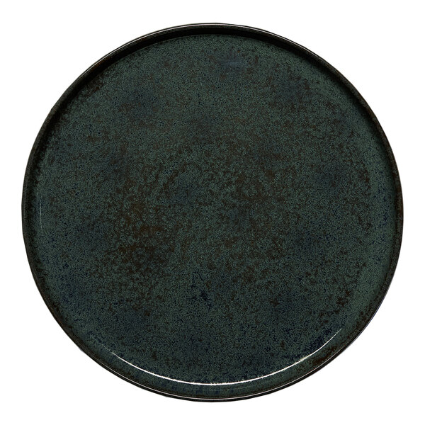 A round black porcelain plate with a raised rim.