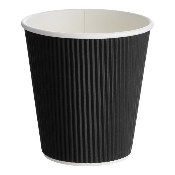 A black double wall ripple paper hot cup with a 10 oz. capacity.