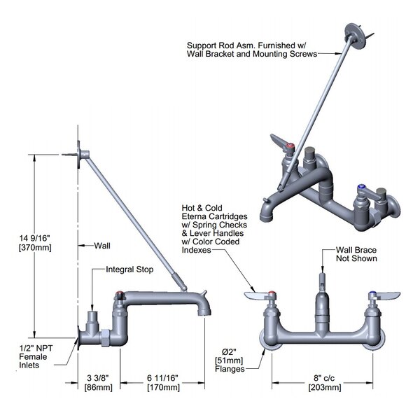 A diagram of a T&S wall mount service sink faucet with parts labeled.