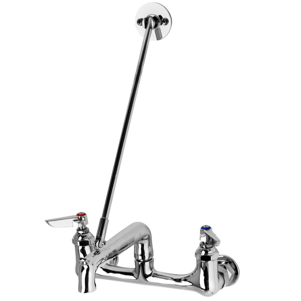 A T&S polished chrome wall mount service sink faucet with two handles and a sprayer.