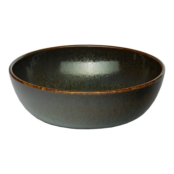 A black round embossed porcelain coupe bowl.