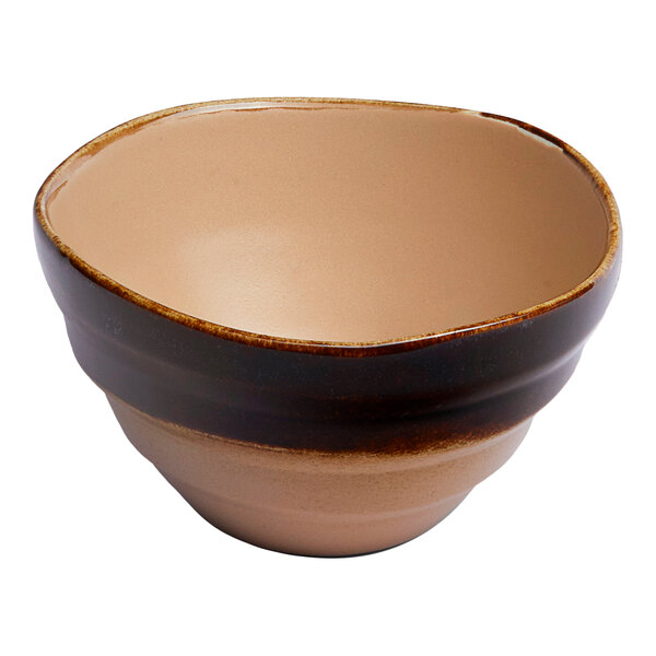 A brown round irregular tapered porcelain soup bowl.