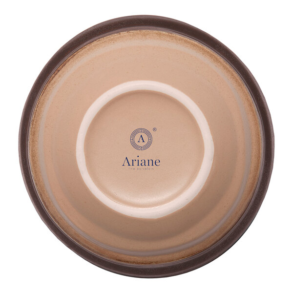 A brown round irregular tapered porcelain soup bowl.