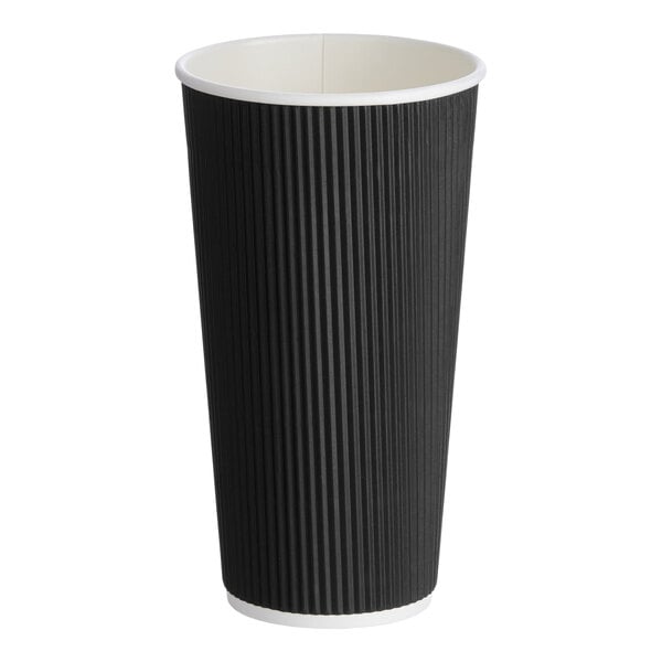A black 20 oz. double wall ripple paper hot cup.