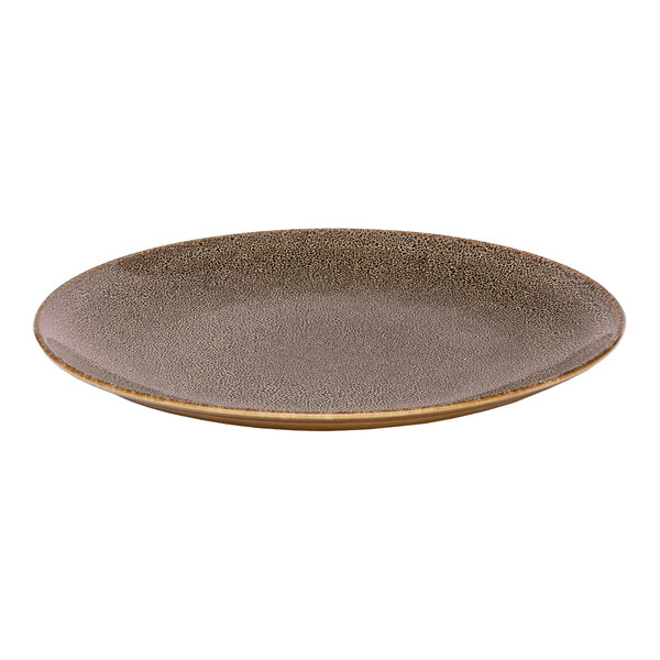 A brown round rimless porcelain coupe plate.