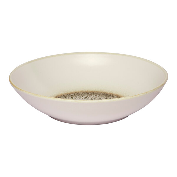 A round porcelain deep coupe plate with a brown and cream color scheme.