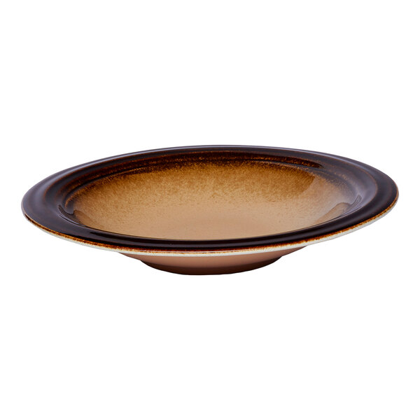 A round brown porcelain coupe deep plate with a gradient design.