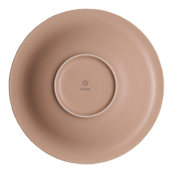 A round brown porcelain coupe deep plate viewed from the bottom.