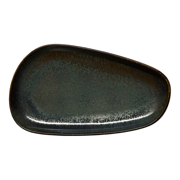 An oval asymmetric black porcelain coupe platter.