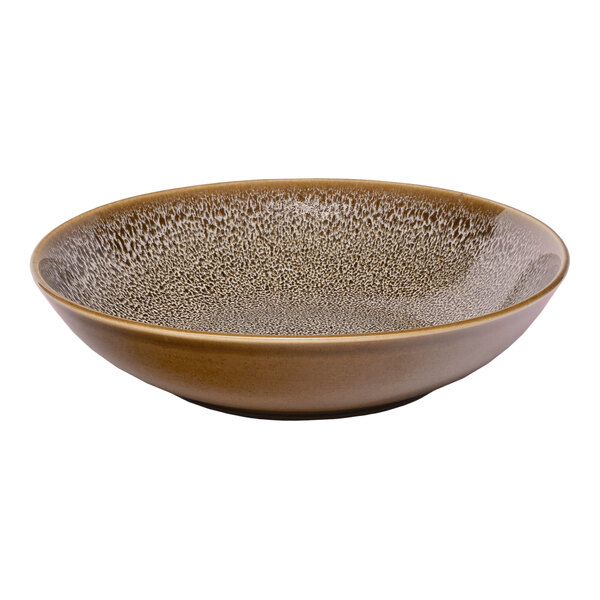 A brown round porcelain coupe deep plate with a speckled interior design.
