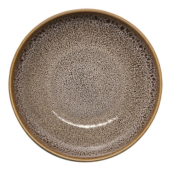 A round brown porcelain coupe deep plate with a speckled pattern.