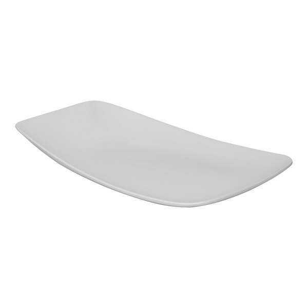 A rectangular ivory porcelain platter with an asymmetric raised rim.