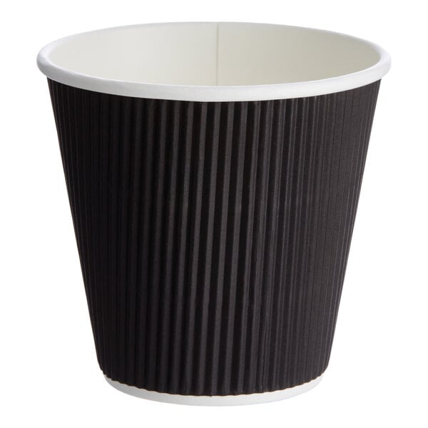 An 8 oz. black double wall ripple paper hot cup.