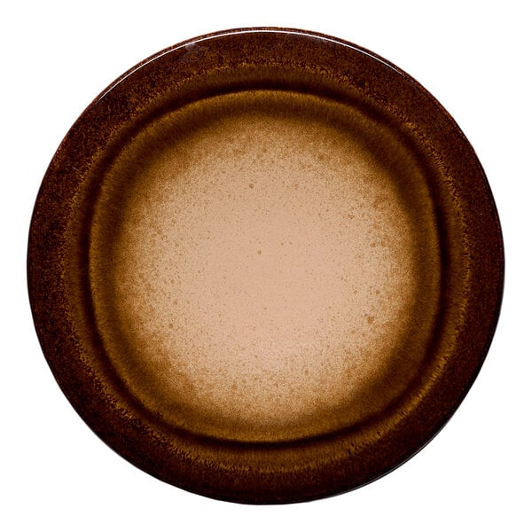 A round brown porcelain plate with a wide rim and a gradient design.