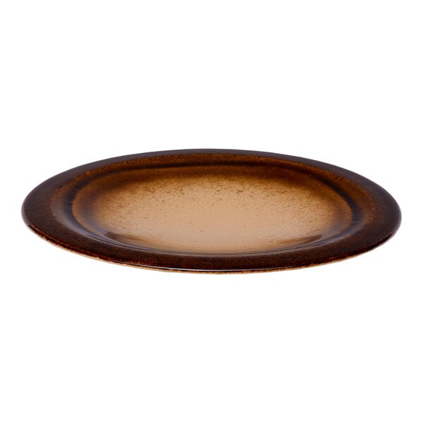A round, brown wide rim porcelain flat plate.