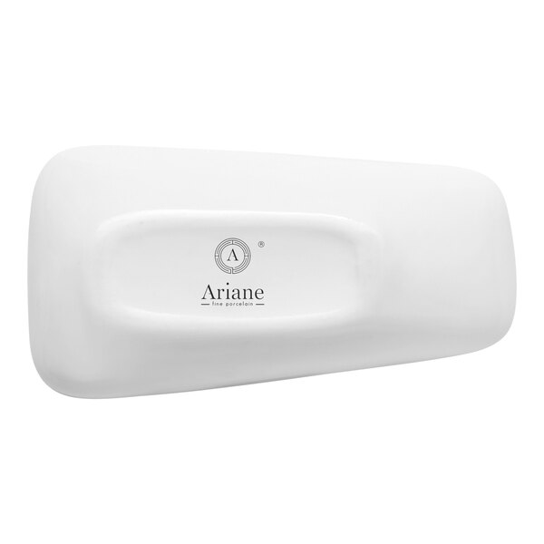 A small ivory asymmetric rectangular porcelain plate with a raised rim.