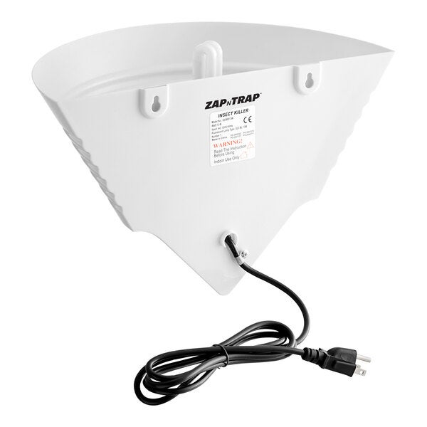 A white polystyrene wall sconce LED insect light trap with a power cord and mounting slots.